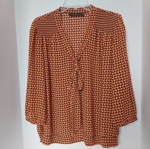 Women's The Limited Black Orange tan Geometric Blouse Top Large V neck Bow